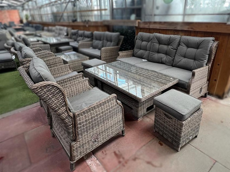Sapcote Deluxe Reclining Lounge Set + Height Adjustable Table in Brown Rattan 