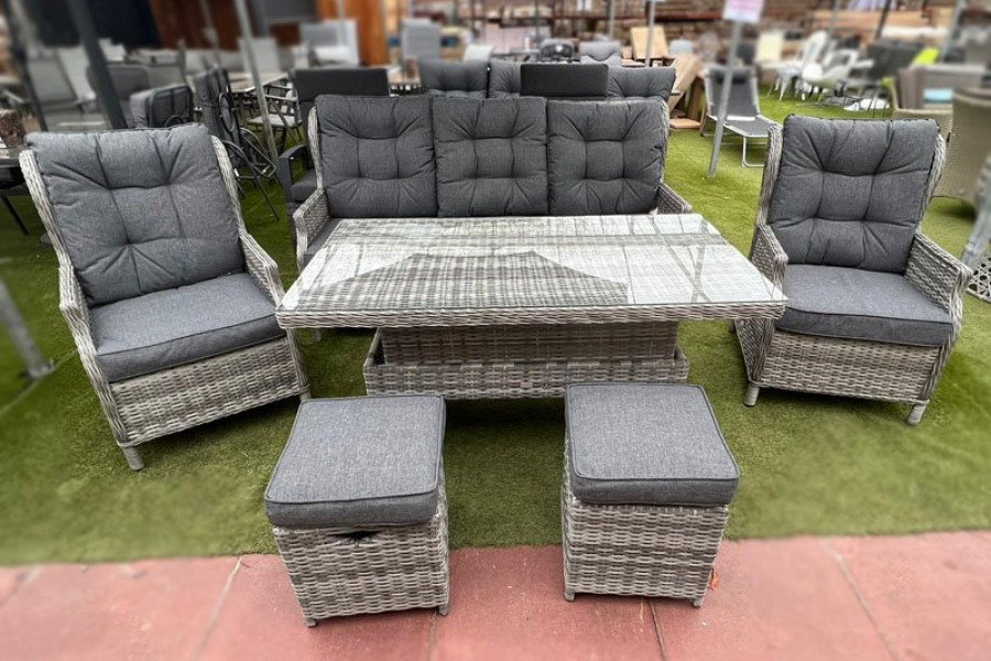Sapcote Deluxe Reclining Lounge Set + Height Adjustable Table in Grey Rattan