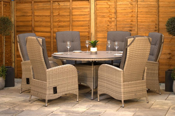 Burbage 6 Seater Round Reclining Dining Set in Silver Grey Rattan