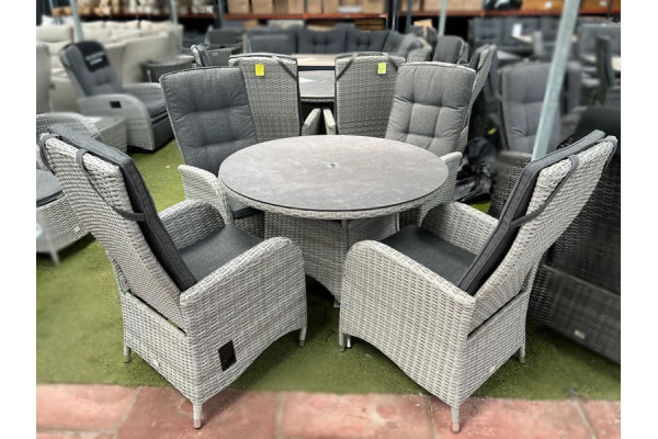 Burbage 4 Seater Round Reclining Dining Set in Silver Grey Rattan