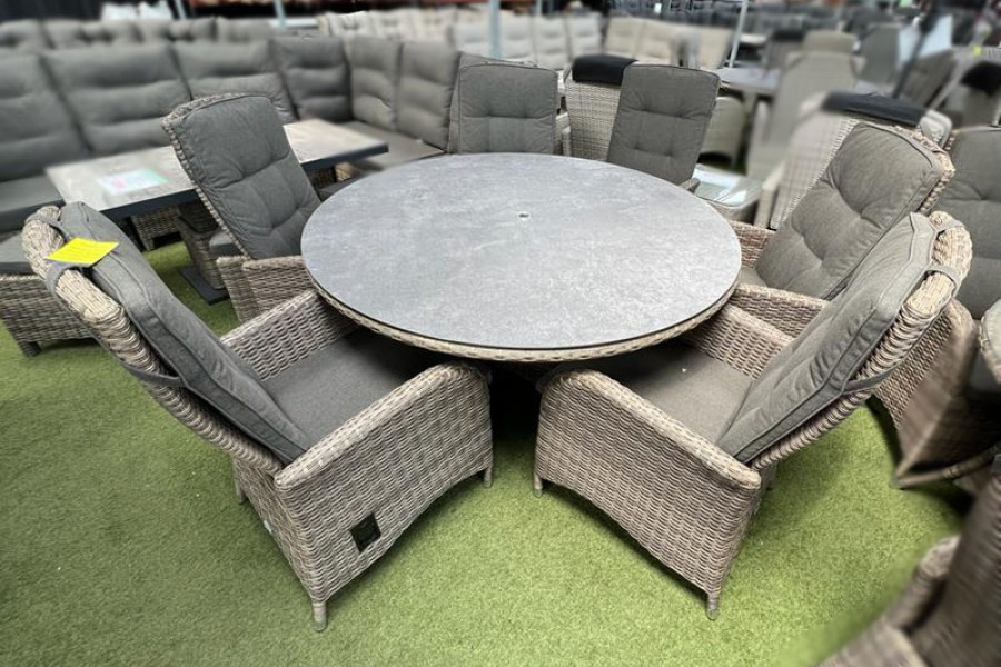 Burbage 6 Seater Round Reclining Dining Set in Cappuccino Rattan