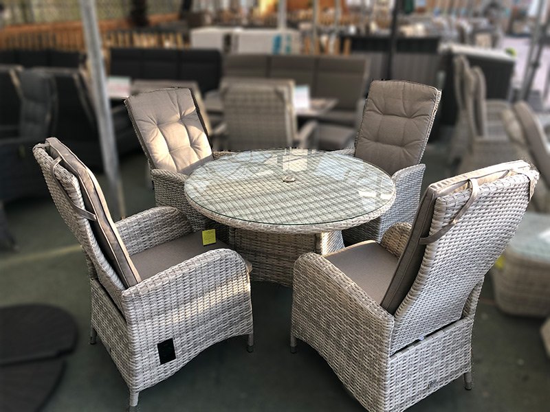 Rattan Dining Set 4 Reclining Chairs, 4 Seater Rattan Round Dining Table Chair Set Grey