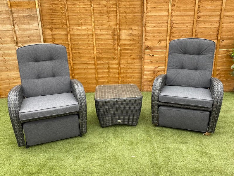 Reclining Rattan Bistro Set With Rocking Armchairs Garden Centre Ping - Garden Furniture Set Reclining Chairs