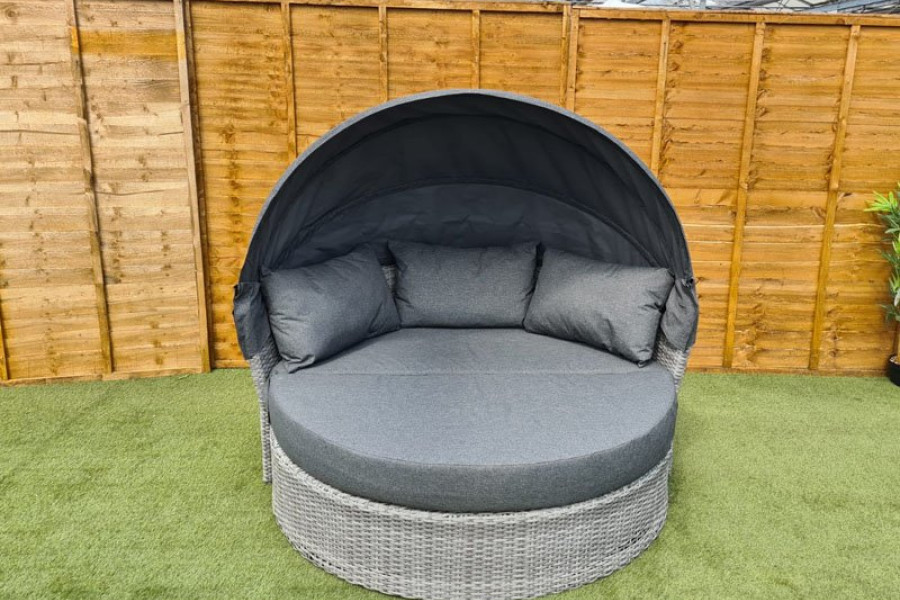 Olivia Double Garden Daybed in Grey Rattan with Adjustable Canopy