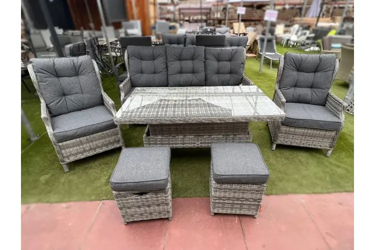 Sapcote Deluxe Reclining Lounge Set + Height Adjustable Table in Grey Rattan