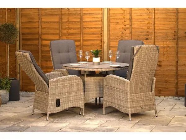 In the box: 4 recliners + round glass-top table