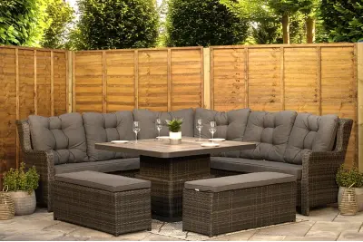 Burbage Large Rattan Corner Lounge Set with Height Adjustable Table in Stone Grey