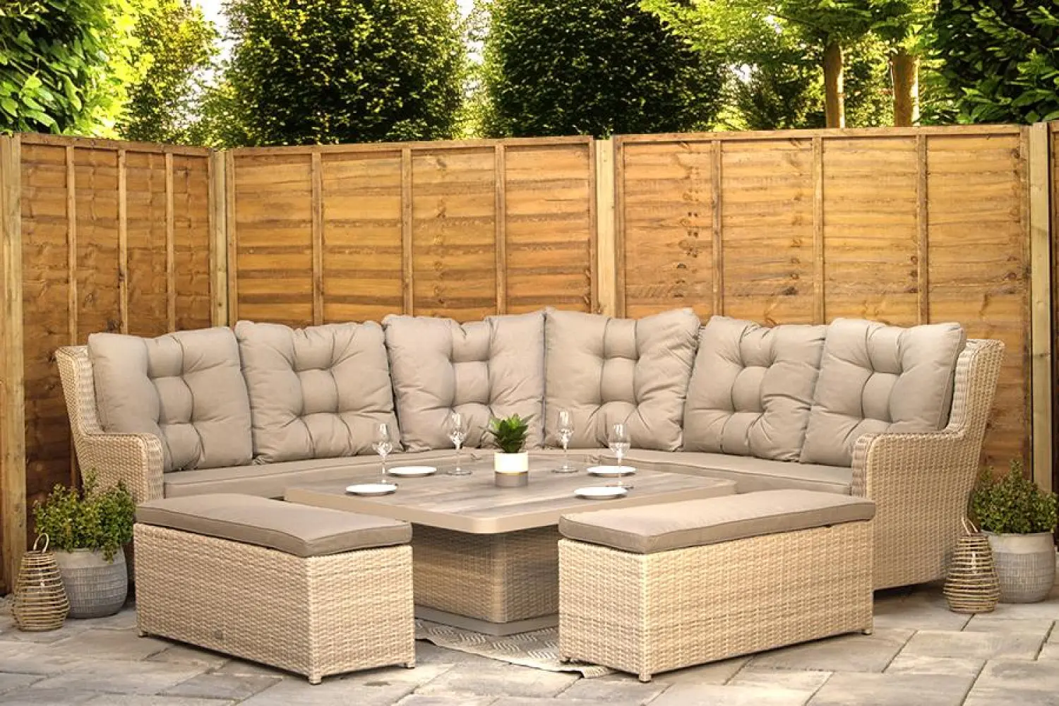 Burbage Large Rattan Corner Lounge Set with Height Adjustable Table in Latte  - photo 2