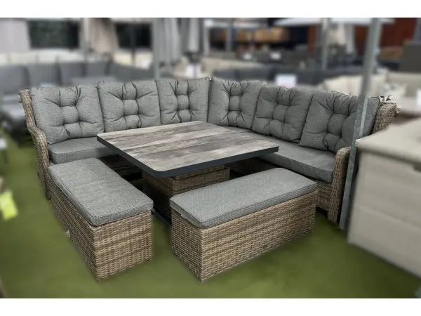 Table lifts from lounge height to dining height