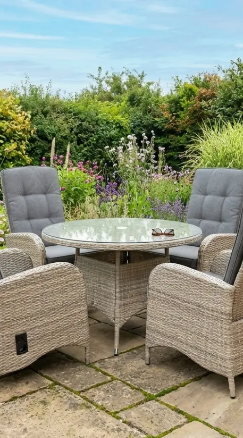 #AskGCS for Burbage 4 Seater Round Reclining Dining Set in Cappuccino Rattan