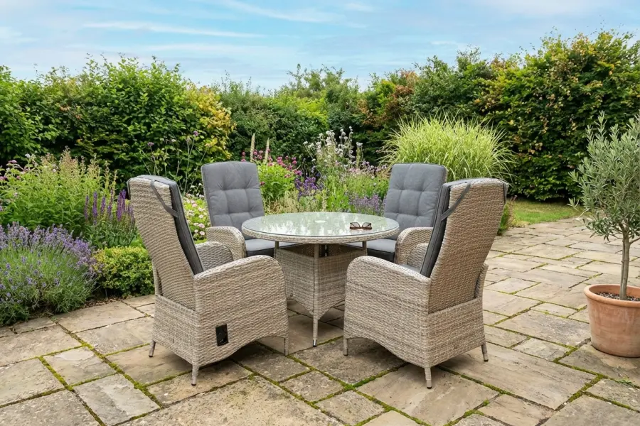 #AskGCS for Burbage 4 Seater Round Reclining Dining Set in Cappuccino Rattan