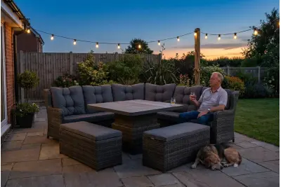 Burbage Large Rattan Corner Lounge Set with Height Adjustable Table in Stone Grey