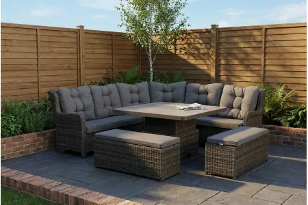 Burbage Large Rattan Corner Lounge Set with Height Adjustable Table in Stone Grey