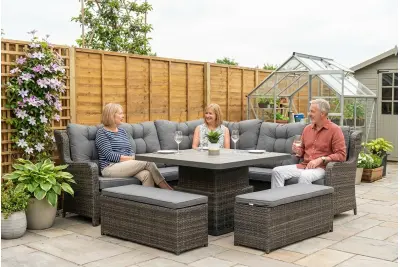 Burbage Large Rattan Corner Lounge Set with Height Adjustable Table in Stone Grey