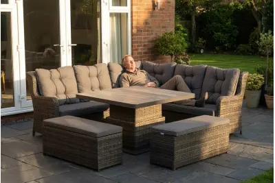 Burbage Large Rattan Corner Lounge Set with Height Adjustable Table in Stone Grey