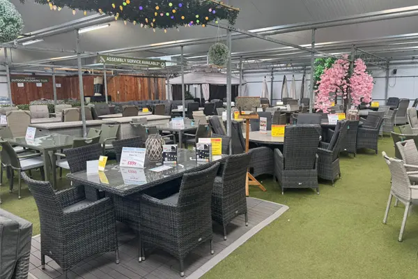 Garden furniture displays inside Sapcote Garden Centre