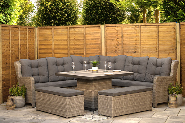 burbage large rattan corner sofa set with adjustable table in silver grey