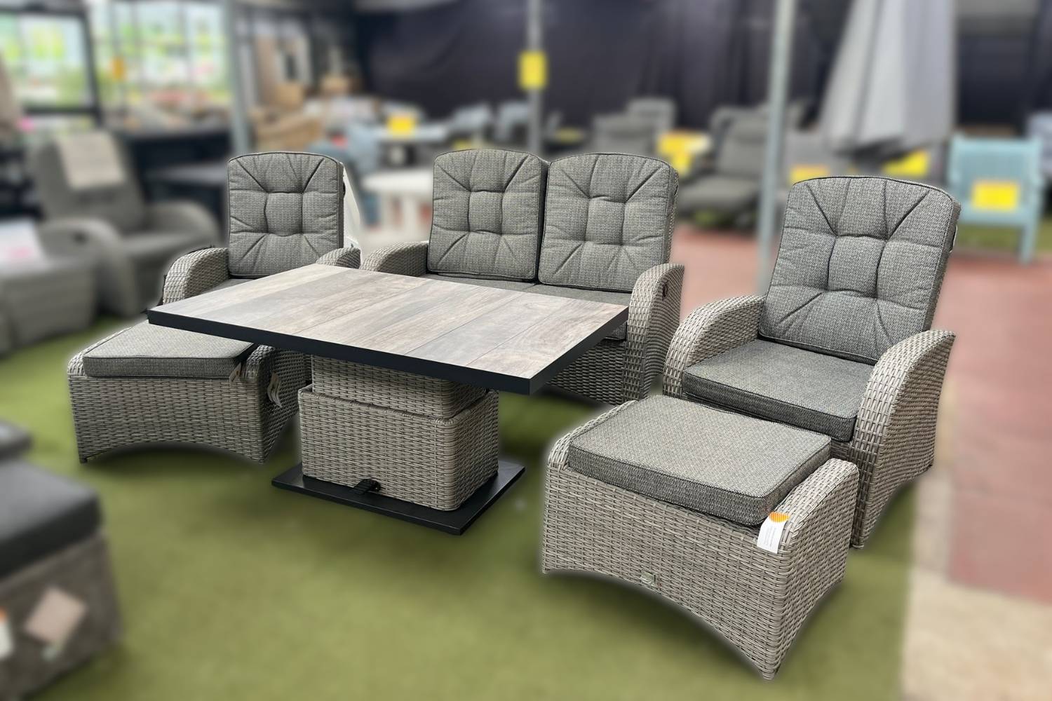 Burbage Reclining Rattan Sofa Set + Adjustable Table in Silver Grey