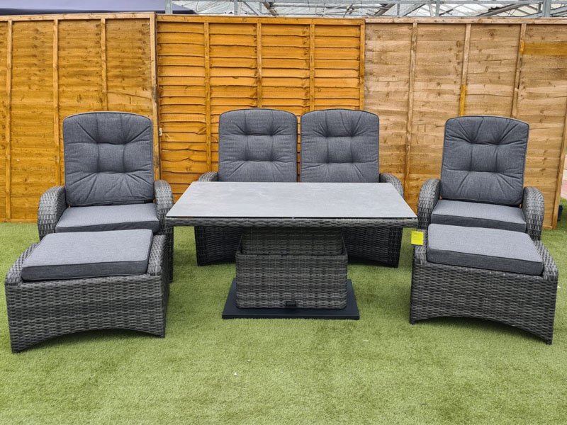 Burbage Reclining Rattan Sofa Set + Adjustable Table in Stone Grey